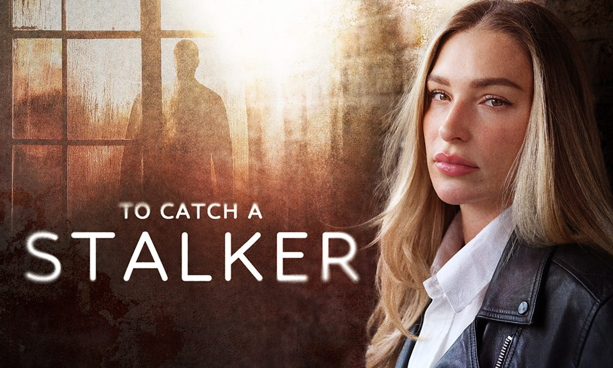 A promotional image for "To Catch a Stalker," featuring Zara McDermott looking serious in a leather jacket on the right. In the background, a silhouetted figure of a man stands behind a window, bathed in a warm, ominous light. The title "TO CATCH A STALKER" is prominently displayed in the lower left